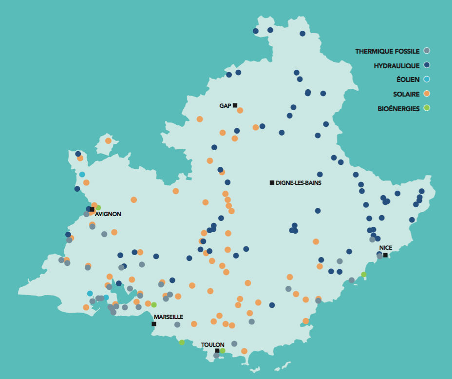 Carte des sites de production d'électricité issue du bilan électrique 2015 de RTE