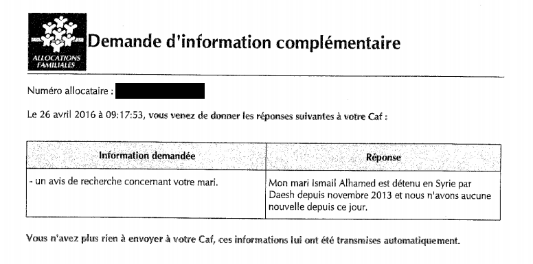 Contrainte par la CAF de prouver l'enlevement de son mari par Daech 1