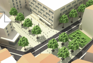 Dessin d'architecte pour la rénovation de la place Louise Michel, fourni par la Soleam.