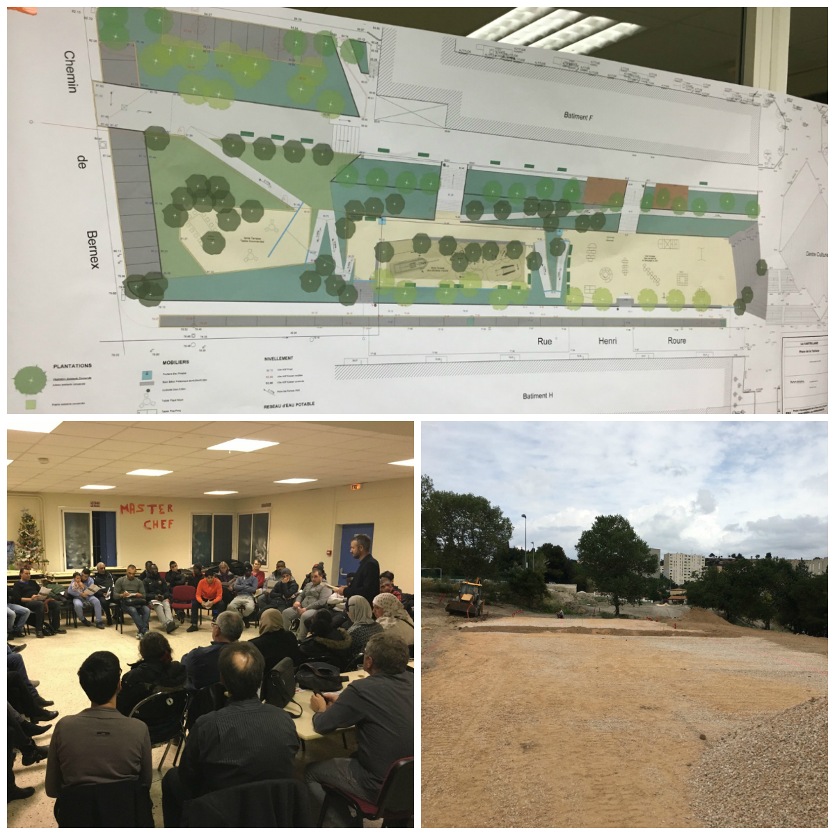 En haut, le plan d'aménagement provisoire de la place de la Tartane. En bas à gauche, une réunion de l'Assemblée des habitants. En bas à droite, les premiers travaux en cours dans la Jougarelle. (Photos : centre social La Castellane)