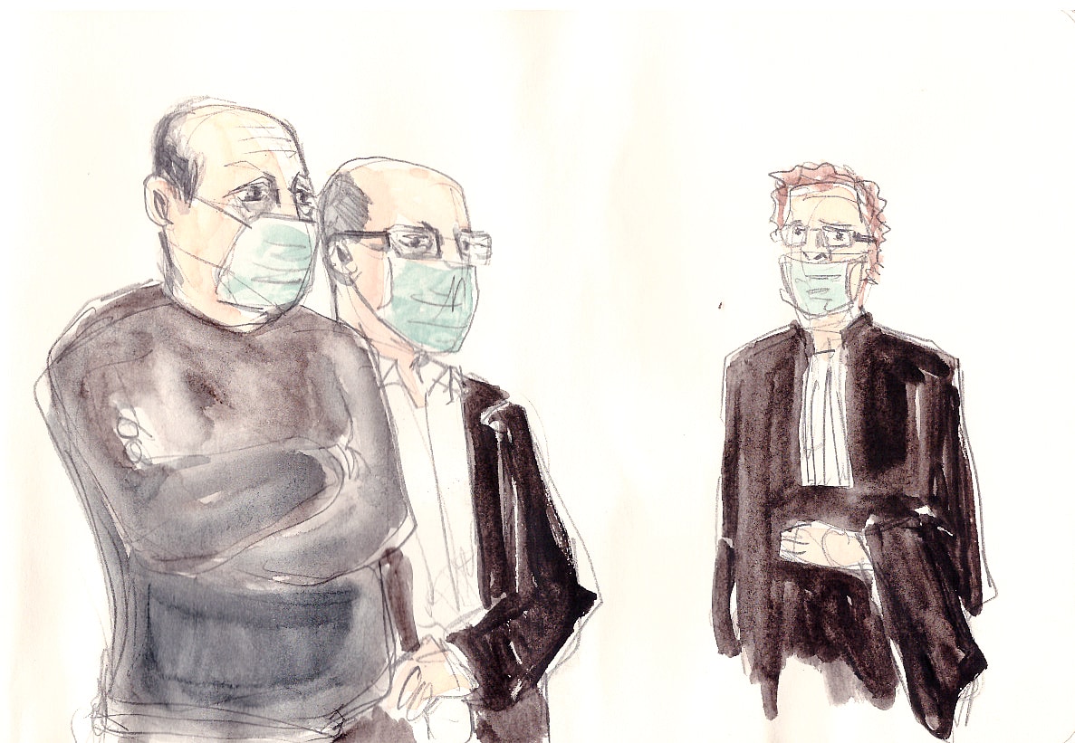 Les deux frères Povinelli et Pierre Ceccaldi, avocat de leur père, toujours à leur côté. Dessin : Ben 8.