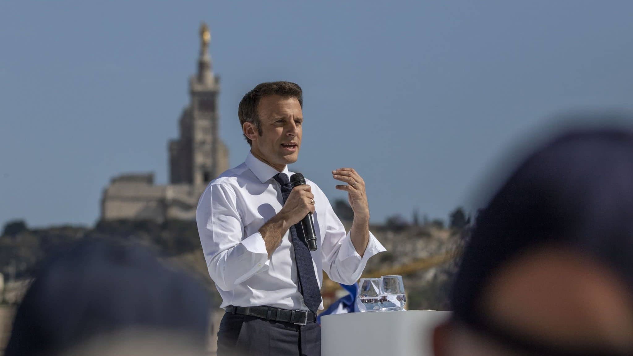 Emmanuel Macron lors de son meeting au Pharo le 16 avril 2022. (Photo : Emilio Guzman)