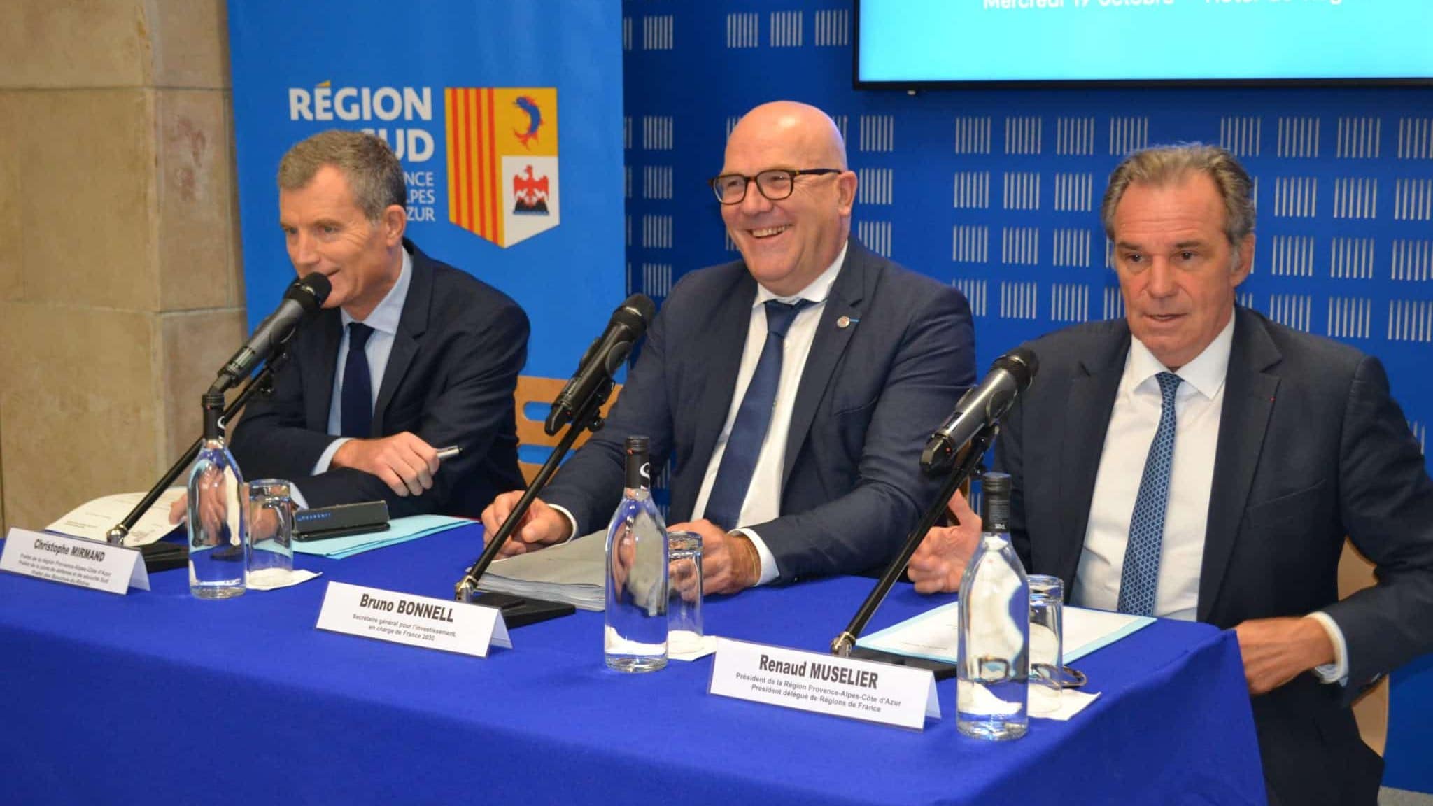 Le préfet Christophe Mirmand, le secrétaire général aux investissements France 2030 Bruno Bonnell et le président de la région Renaud Muselier. Photo : PID.