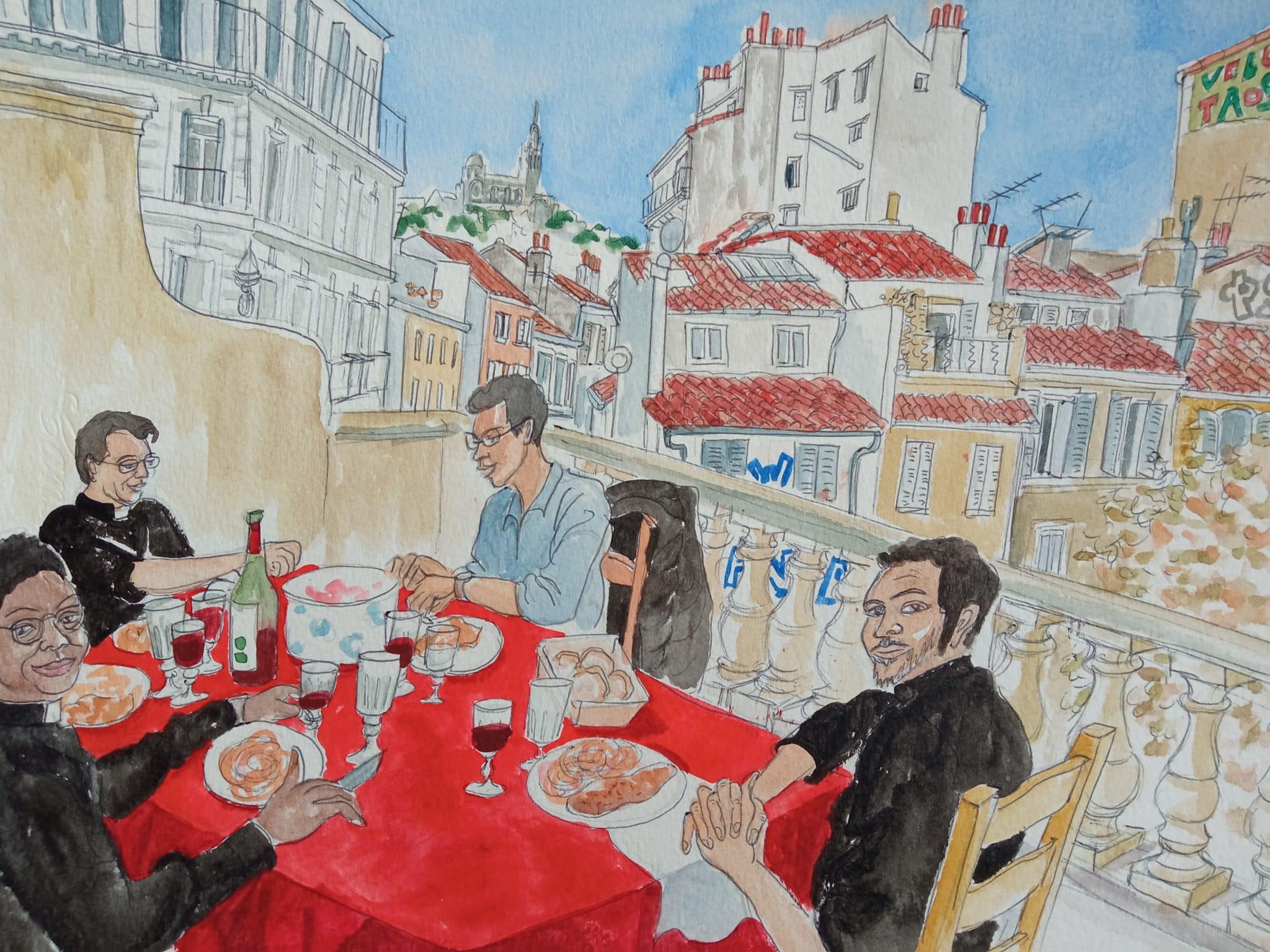 C'est l'heure de la dégustation sur la terrasse. (Illustration : Malika Moine)