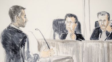 Gérard Gallas face ses juges. Dessin : Ben 8.