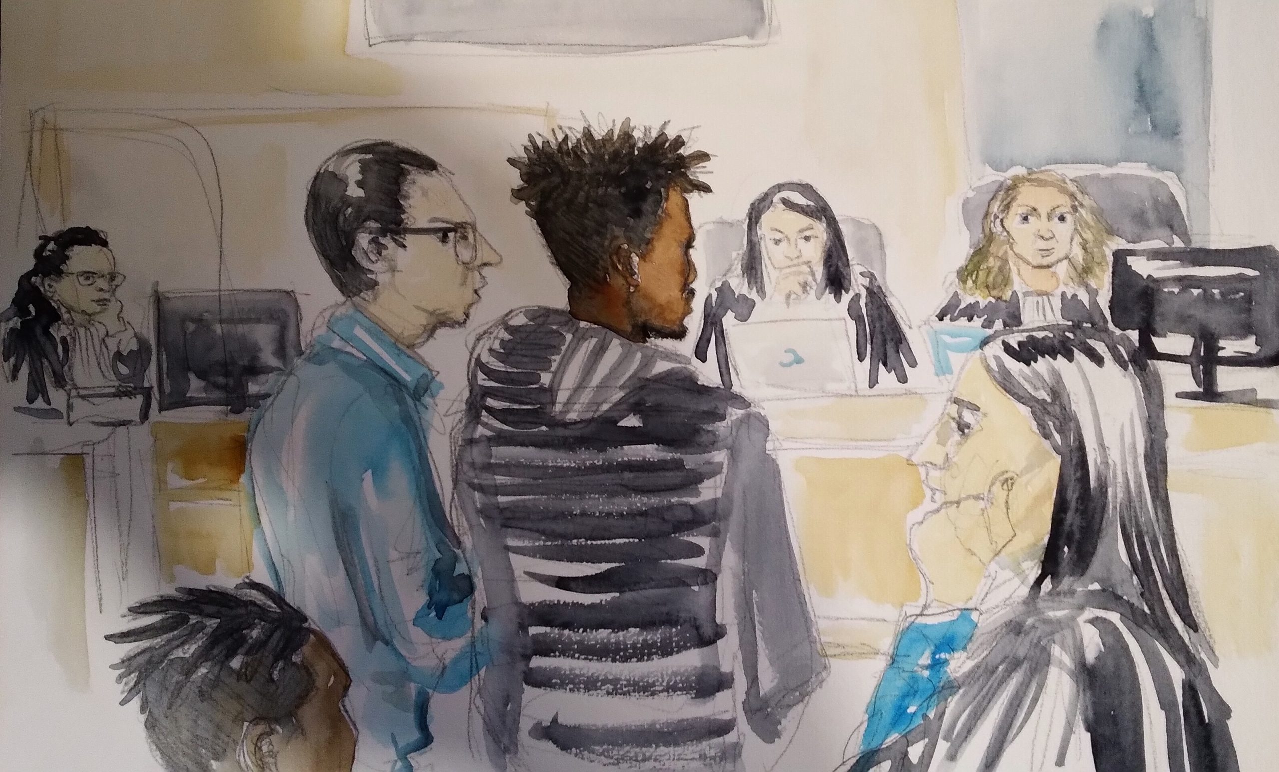 Chef supposé du gang à Marseille, Lateef, répond par monosyllabes aux questions traduites par un interprète. (Illustration : Ben8)
