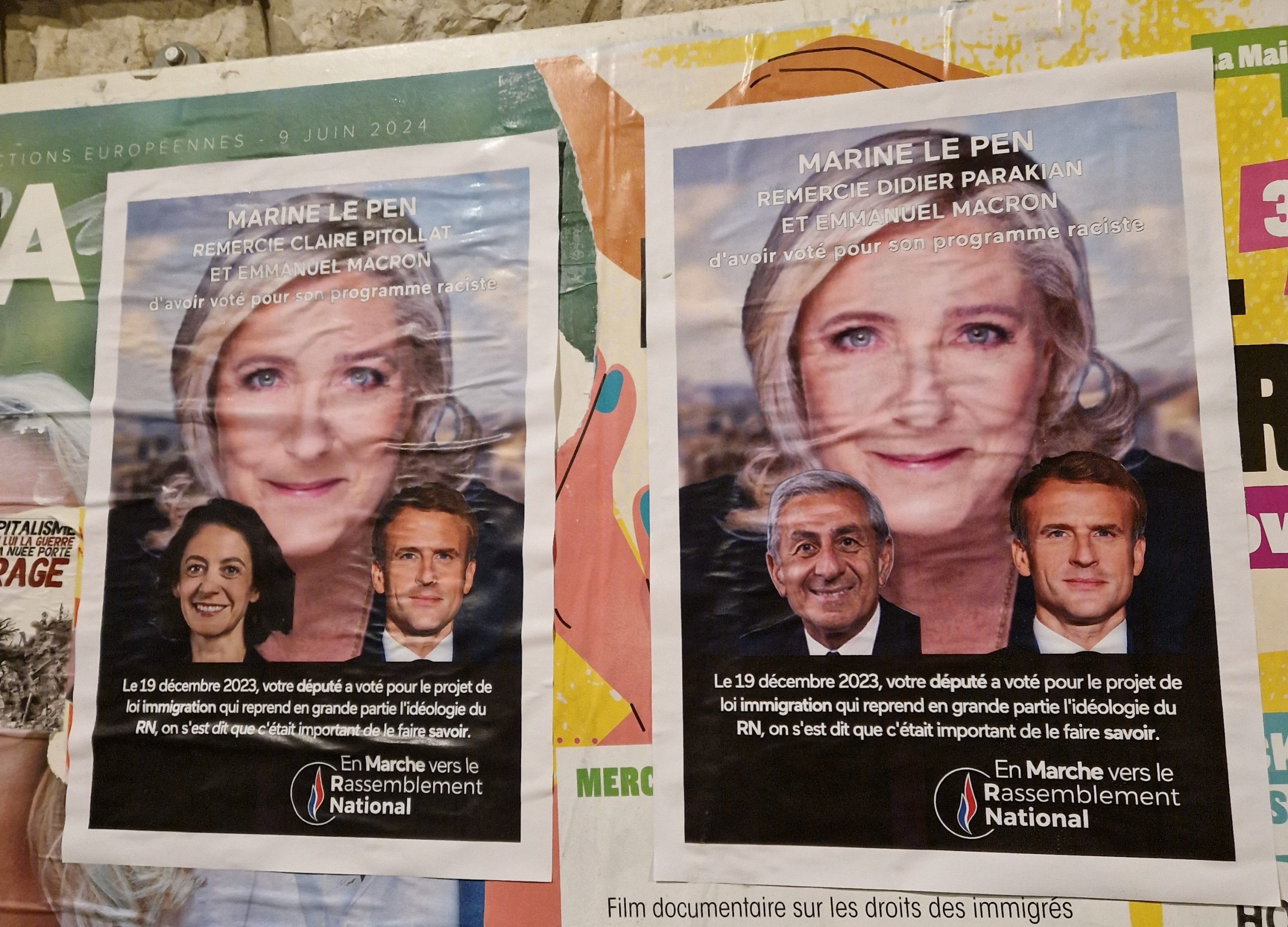 Opération de collage, réalisée à Marseille le 4 janvier 2024, pour pointer les députés locaux du groupe Renaissance Claire Colomb-Pitollat, Didier Parakian et Lionel Royer-Perreaut, qui ont voté la loi immigration. (Photo : DR)