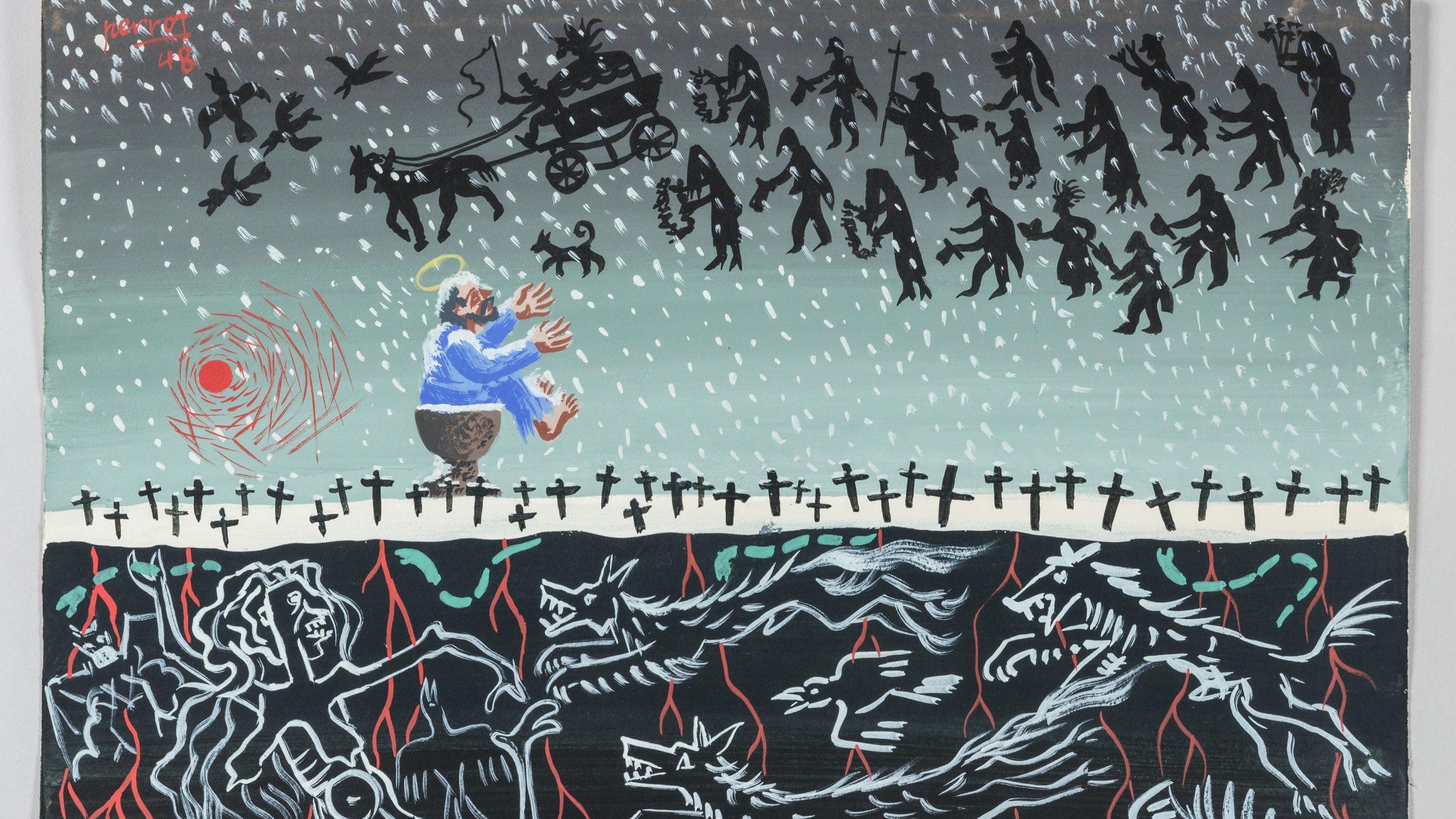 René Perrot. Cortège funèbre. 1948. Gouache sur papier. Collection particulière © Adagp, Paris, 2023 © Nicolas Roger