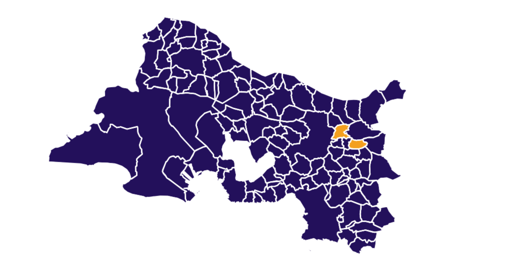 La carte du vote dans les Bouches-du-Rhône lors des élections européennes du 10 juin 2024. En bleu foncé, le vote RN.