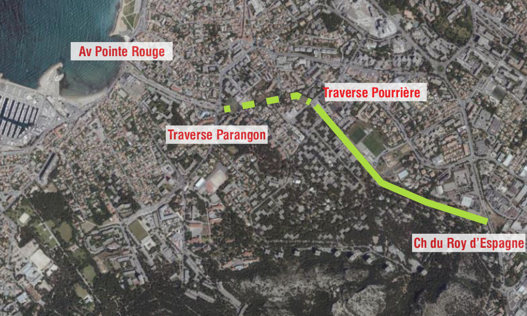 En pointillés, la portion qui reprend la voirie existante. Source : étude de faisabilité de la métropole.
