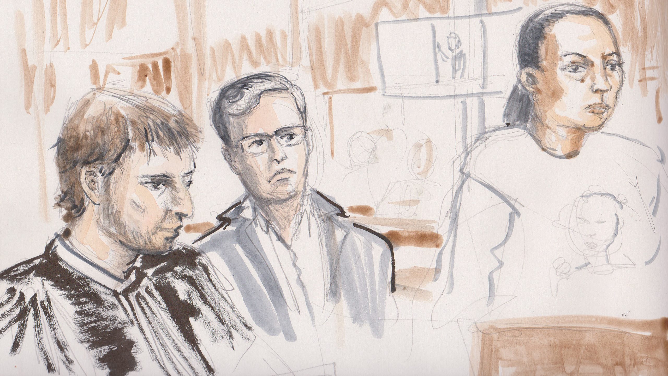 La cousine de Chérif Zemmar, son avocat Brice Grazzini et le prévenu Julien Ruas. (Dessin : Ben 8)