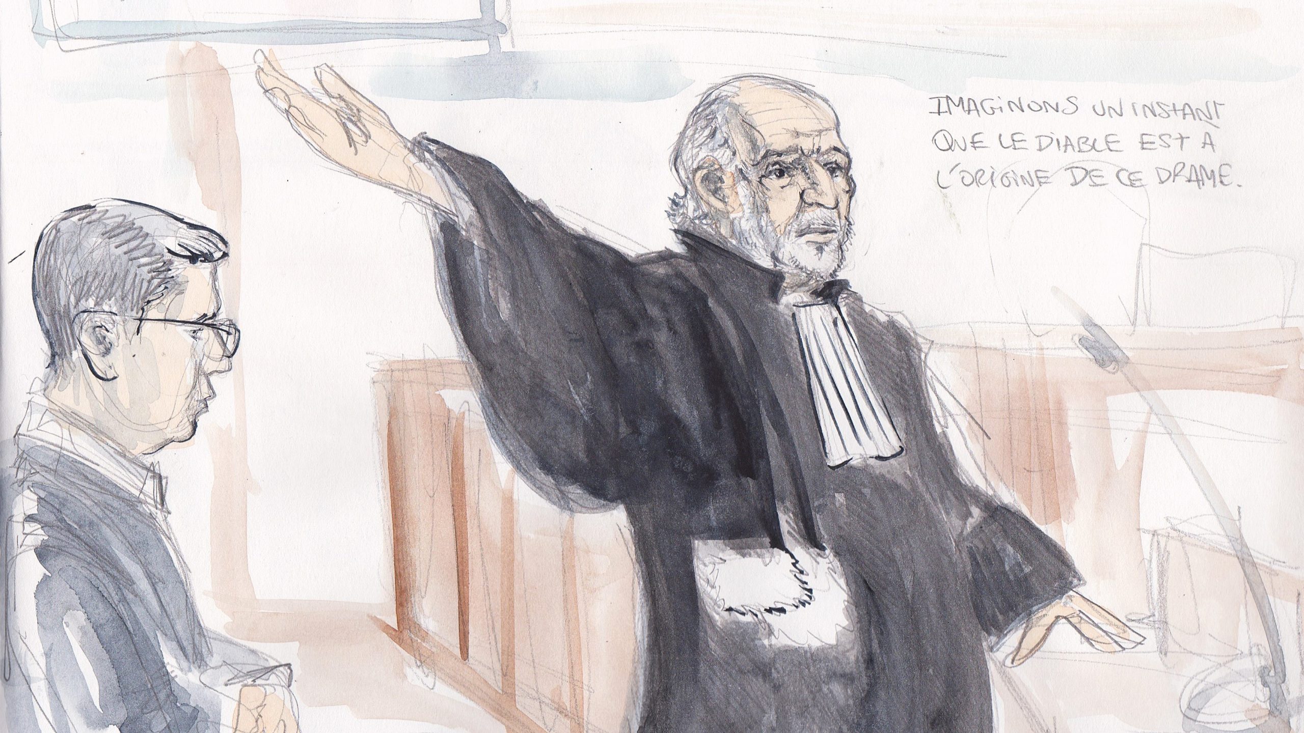 Érick Campana plaide au nom de Julien Ruas, assis juste derrière lui. (Croquis : Ben 8)