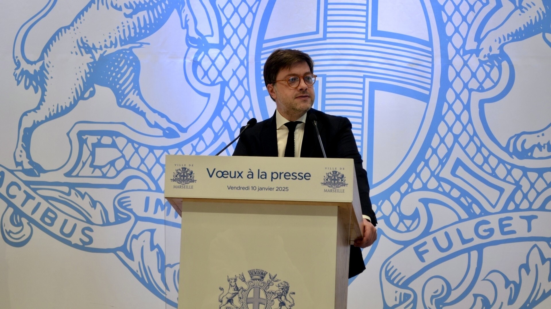 Le maire (divers gauche) de Marseille, Benoît Payan, lors de ses vœux à la presse, le 10 janvier 2025. (Photo : Marie Lagache)