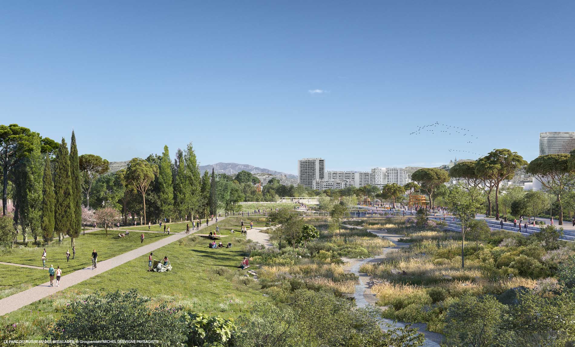 Perspective du projet retenu pour la réalisation du parc des Aygalades. (© Groupement Michel Desvigne Paysagiste)