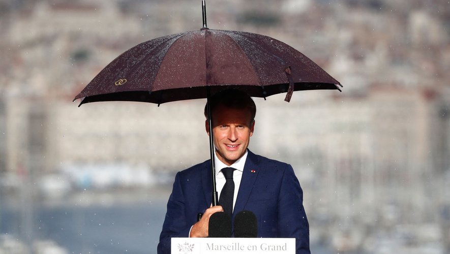 French President Emmanuel Macron delivers a speech at the Palais du Pharo, on September 2, 2021, as part of a three-day visit in Marseille, southern France. (Photo by POOL / AFP)