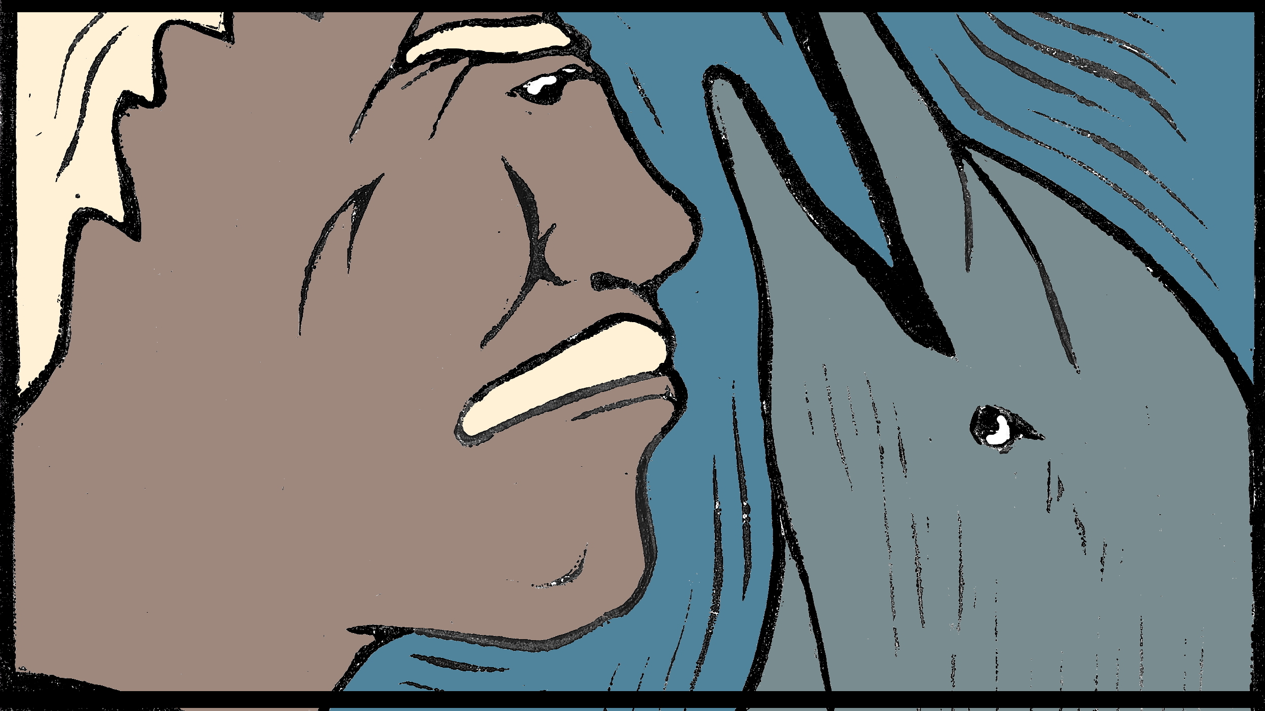 Jacques Mayol et le dauphin Clown. (Linogravure : Michéa Jacobi)