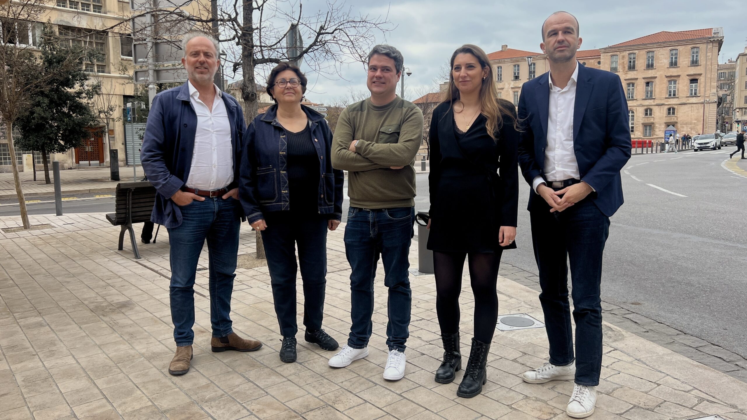 Les colistiers de Sébastien Delogu dont Sébastien Barles et Manuel Bompard, ce 27 février. (Photo : CMB)