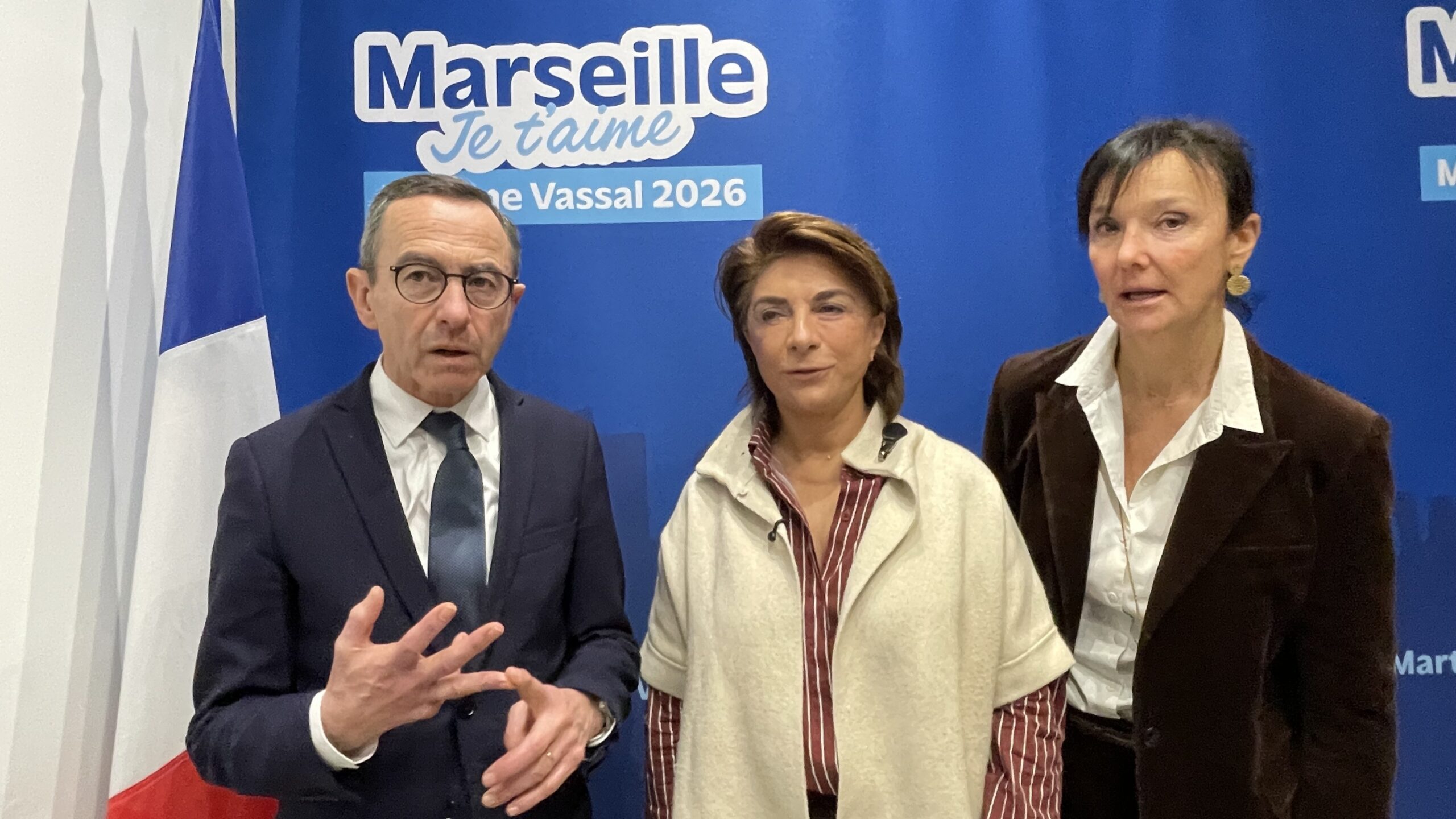 Bruno Retailleau, Martine Vassal et Laure-Agnès Caradec pendant les municipales 2026. (Photo : C.By.)
