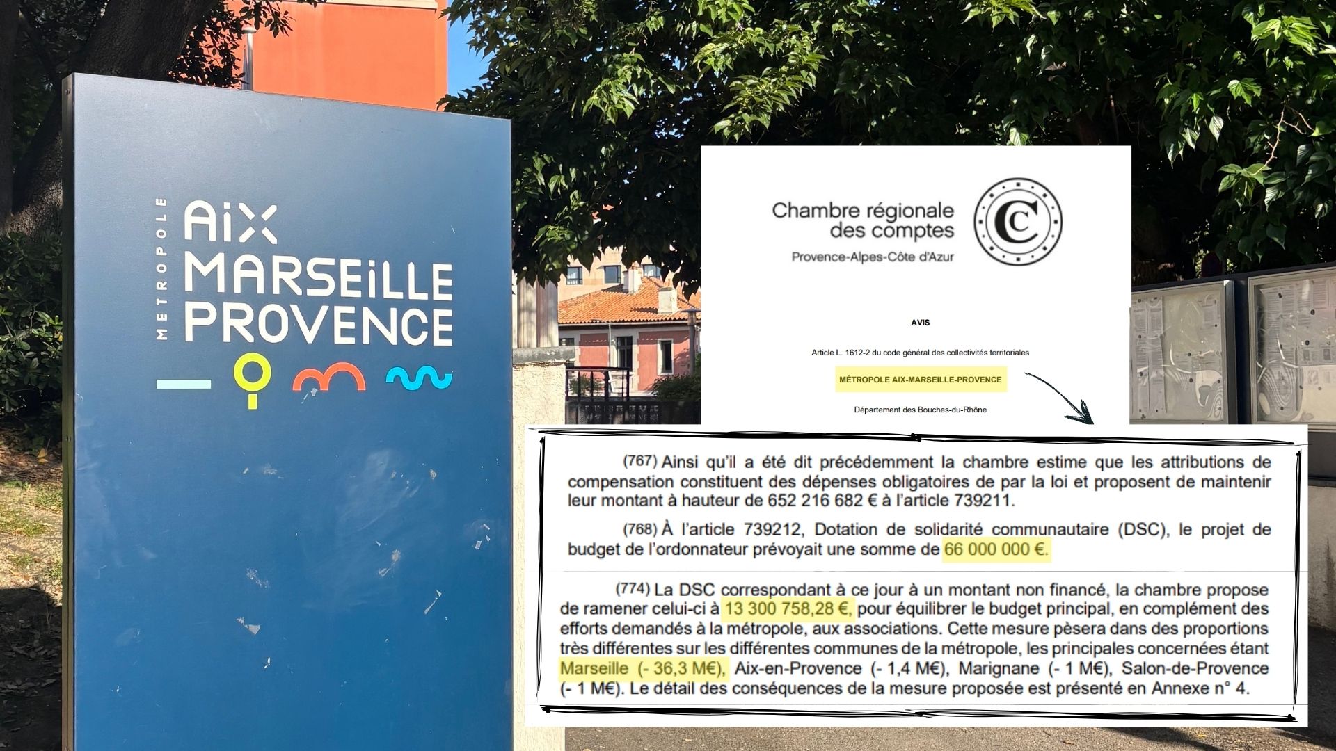 Le siège de la métropole et des extraits du rapport de la CRC. (Montage : Marsactu)