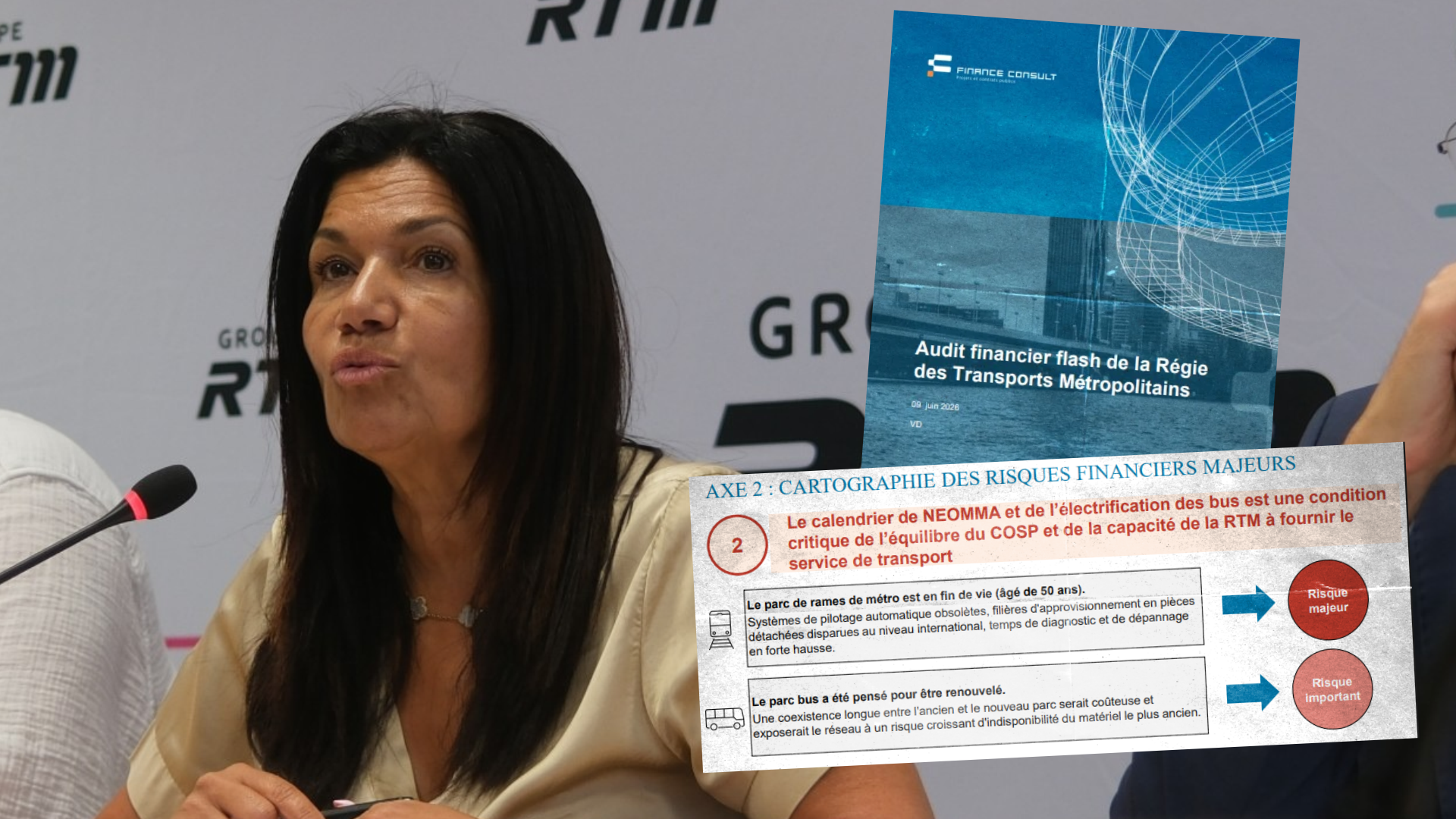 Samia Ghali, la présidente de la RTM, en juin 2026. (Photo et montage : Marie Lagache)