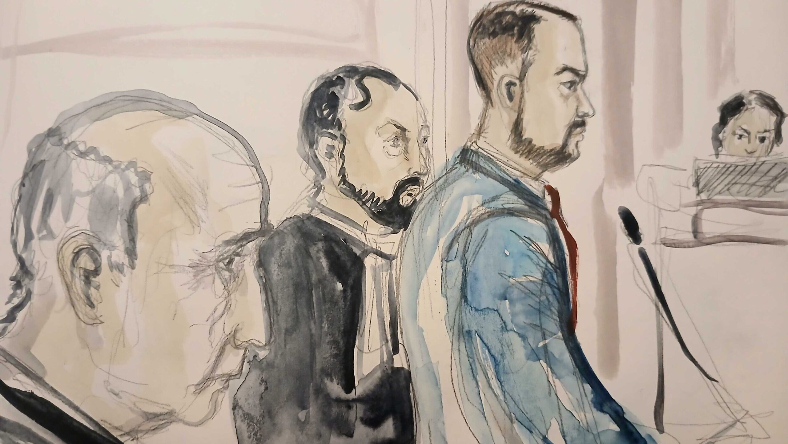 Sébastien Delogu à la barre, avec son avocat Yonès Taguelmint, devant Isidore Aragones, partie civile. (Dessin : Ben 8)