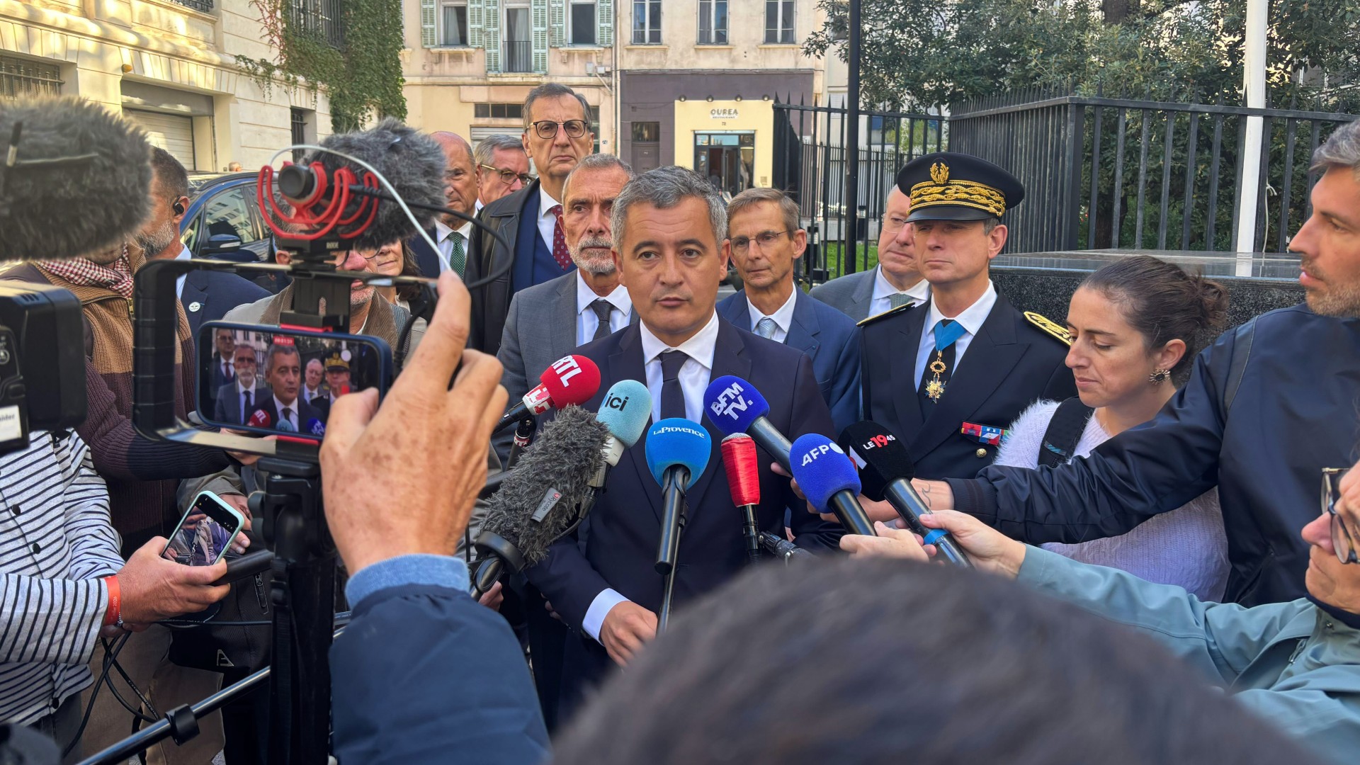 Le ministre de la Justice, Gérald Darmanin, à Marseille ce mercredi 21 octobre 2026. (Photo : ML)